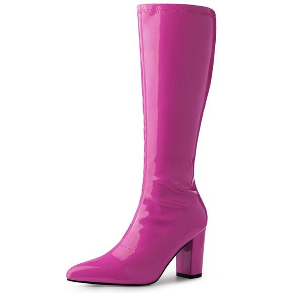 Perphy Shoes - GoGo Boot Patent Leather Chunky Heels Hot Pink Knee High Boots